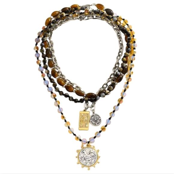 New Zara 4pc Layered Beaded Coin Necklace Set with Black, Brown, and Gold Tones - Picture 4 of 11